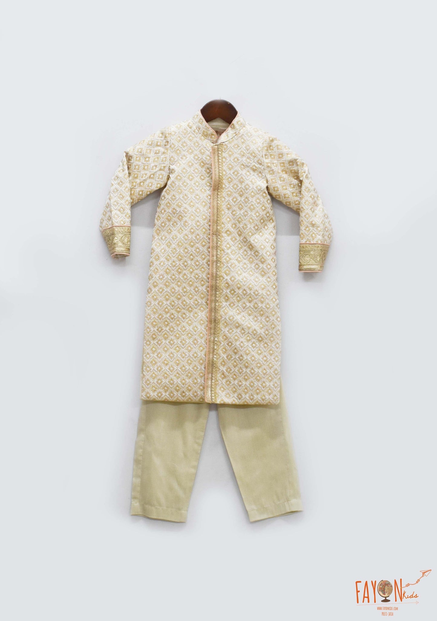 Golden Embroidery Achkan with Golden Pant for Boys