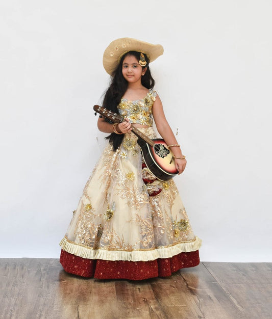 Golden Embroidery Choli with Lehenga for Girls
