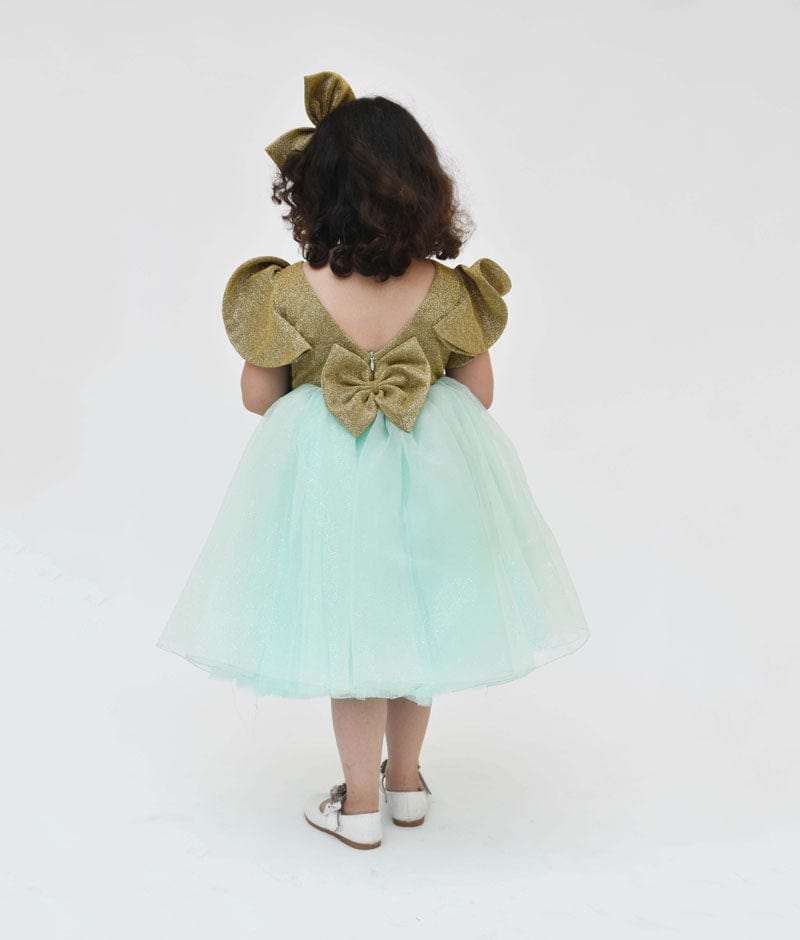 Golden Shimmer Acqua Glitter Net Frock for Girls