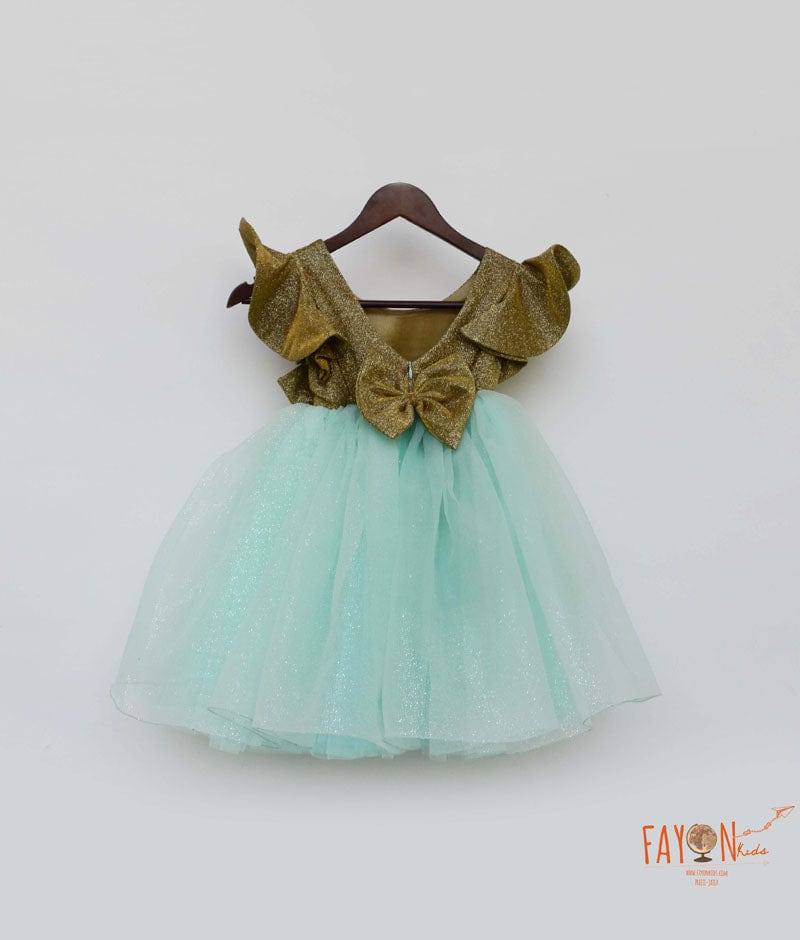Golden Shimmer Acqua Glitter Net Frock for Girls