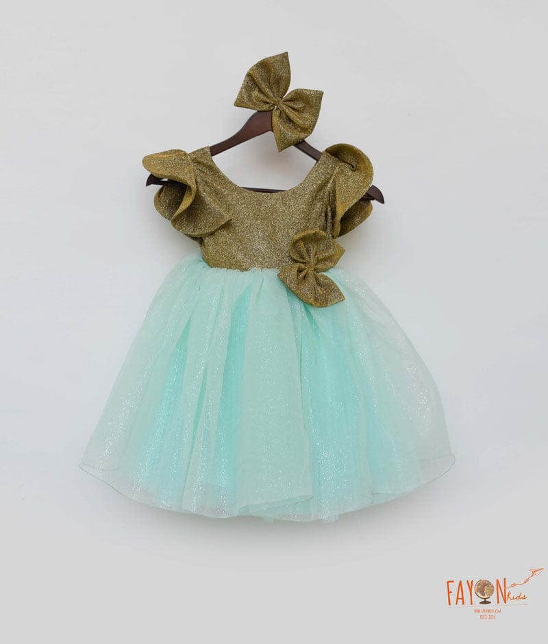 Golden Shimmer Acqua Glitter Net Frock for Girls