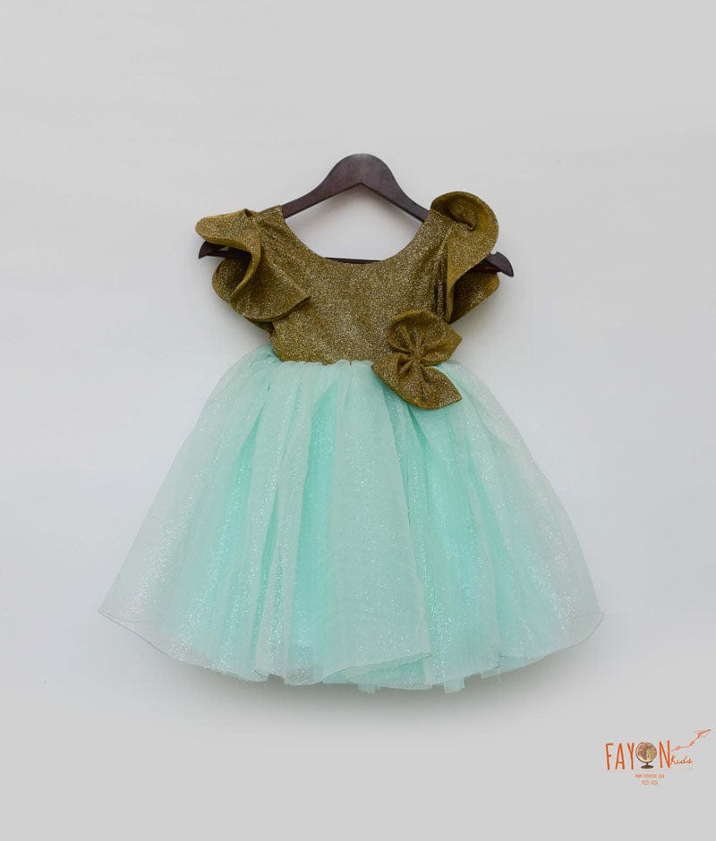 Golden Shimmer Acqua Glitter Net Frock for Girls
