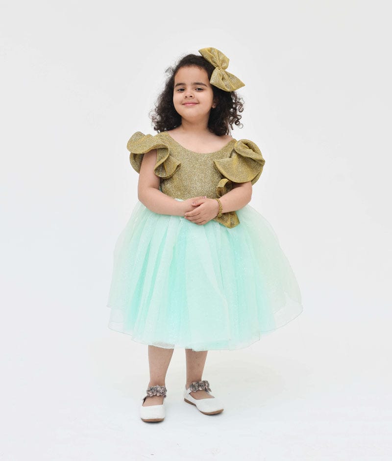 Golden Shimmer Acqua Glitter Net Frock for Girls