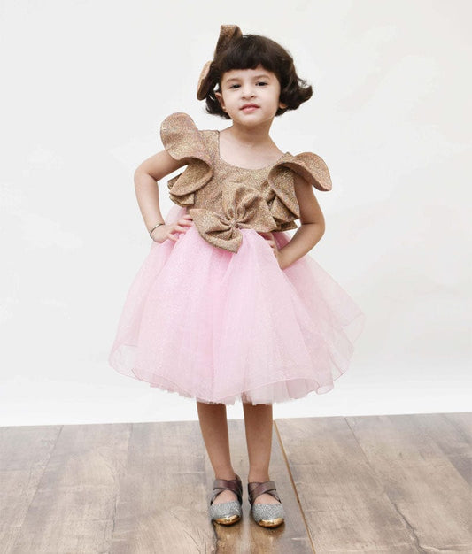 Golden Shimmer Pink Glitter Net Frock for Girls