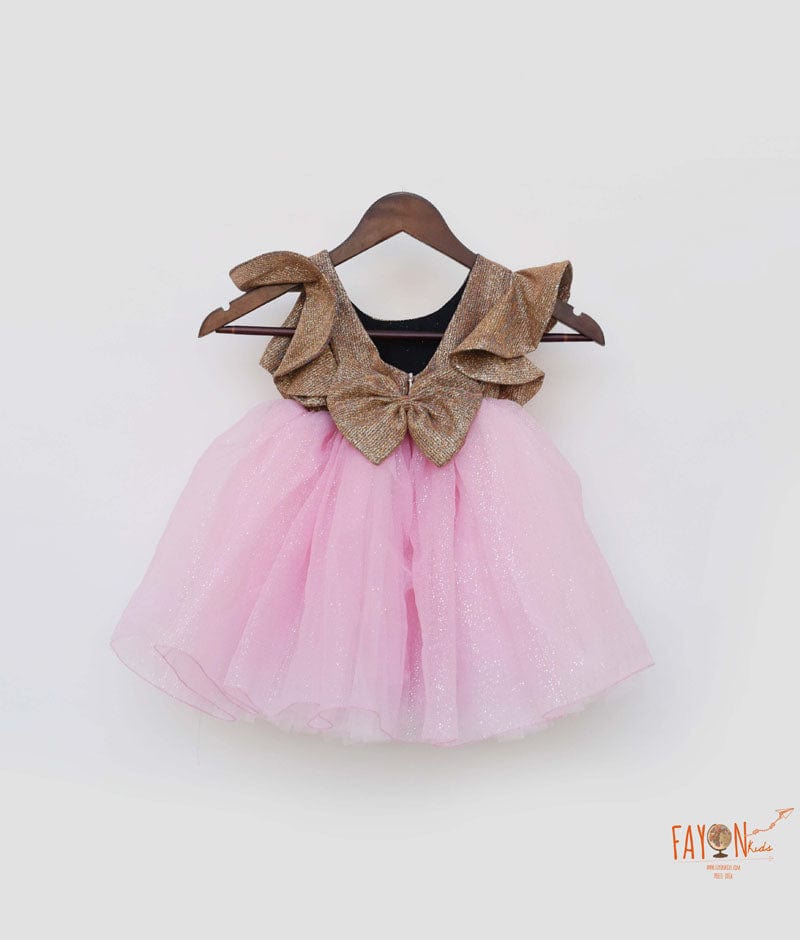 Golden Shimmer Pink Glitter Net Frock for Girls