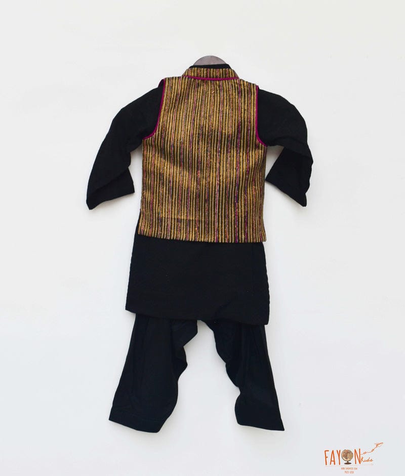 Golden Strips Jacket with Black Kurta Salwar for Boys