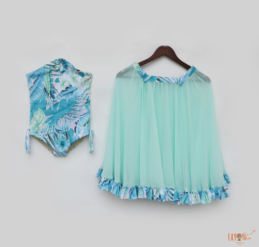 Green Blue Printed Swim Wear with Cape for Girls