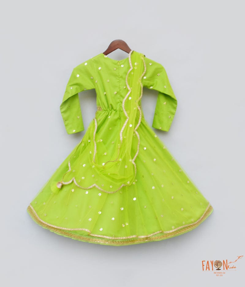 Green Boti Net Anarkali with Boti Net Dupatta for Girls