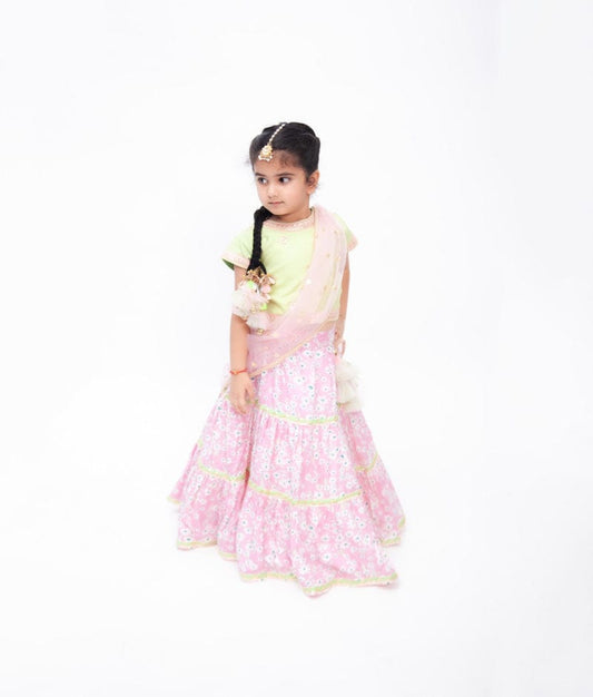 Fayon Kids Green Choli with Pink Floral Lehenga Boti Net Dupatta for Girls