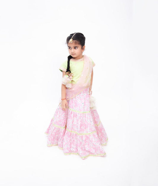 Green Choli with Pink Floral Lehenga Boti Net Dupatta for Girls