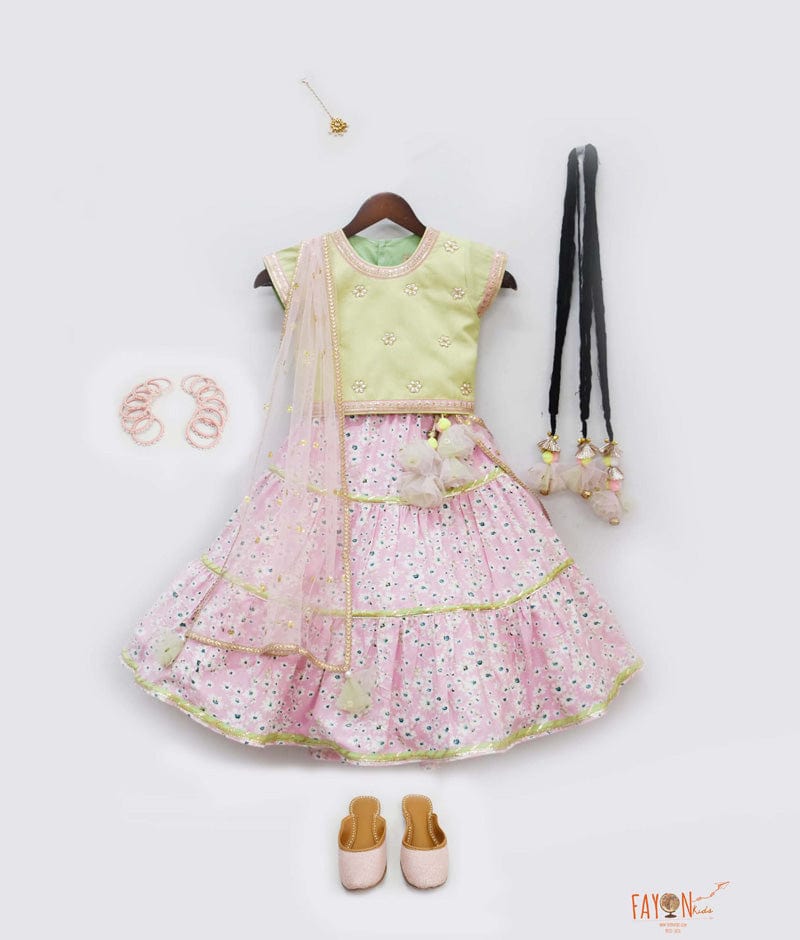 Green Choli with Pink Floral Lehenga Boti Net Dupatta for Girls