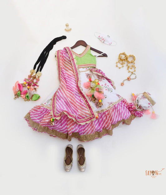 Green Choli with White Print Lehenga Leheriya Print Dupatta for Girls