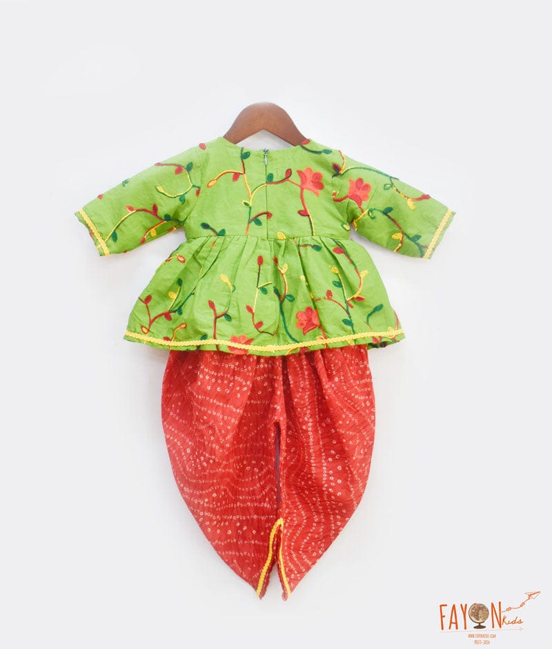 Green Embroidery Red Printed Dhoti Set for Girls