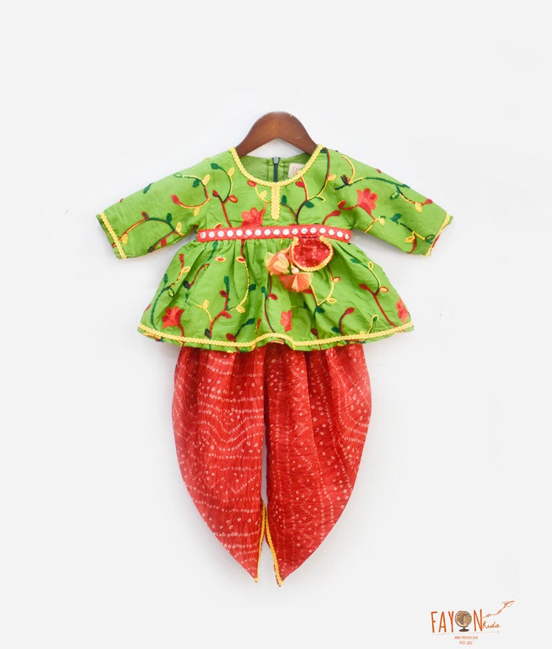 Green Embroidery Red Printed Dhoti Set for Girls