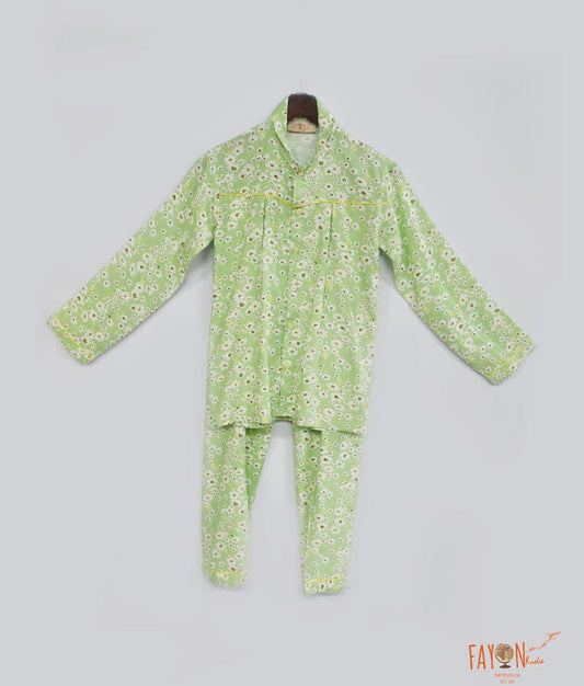 Green Floral Printed Shirt with Pajama for Girls