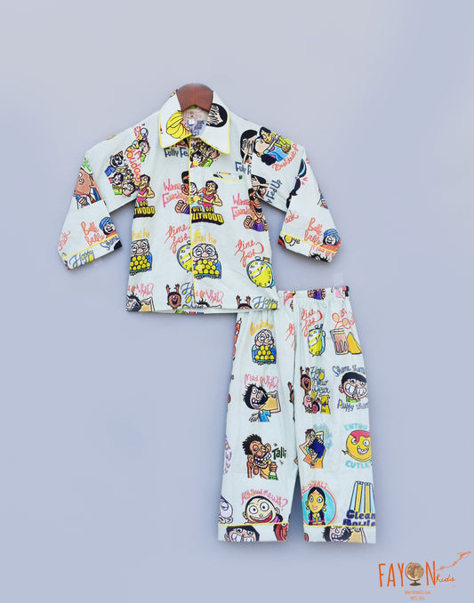 Green Funky Print Shirt with Pajama for Girls