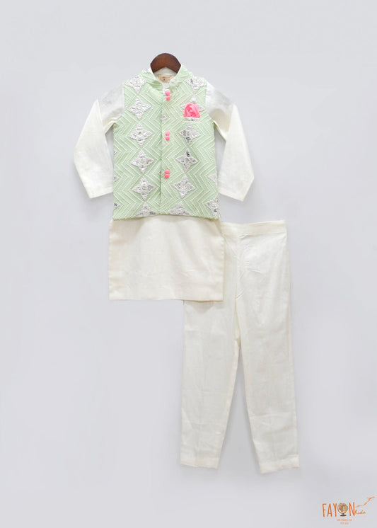 Green Gota Embroidery Nehru Jacket Kurta Pant for Boys