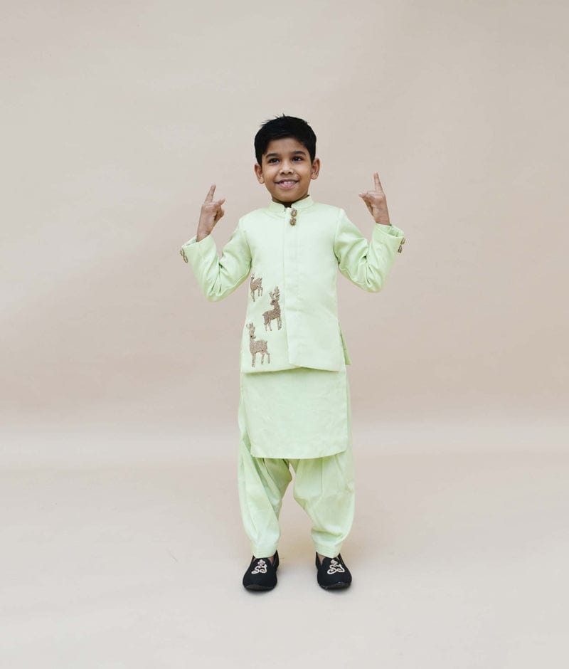 Green Jacket with Kurta Salwar for Boys