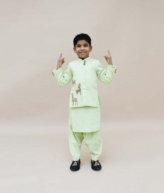 Green Jacket with Kurta Salwar for Boys