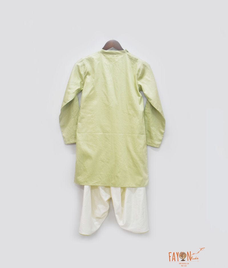 Green Kurta with Peacock Motif Dhoti for Boys