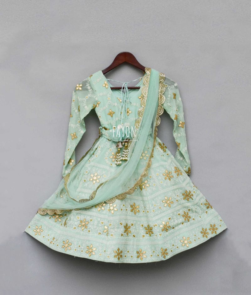 Green Lucknowi Anarkali with Net Dupatta for Girls