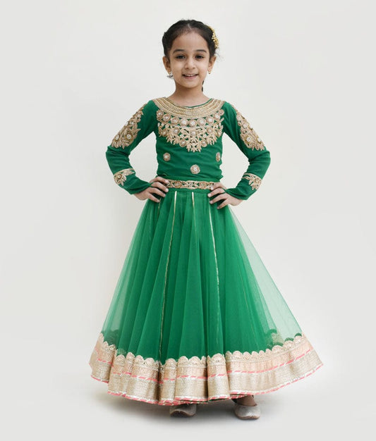 Fayon Kids Green Lycra Embroidery Lehenga with Top for Girls