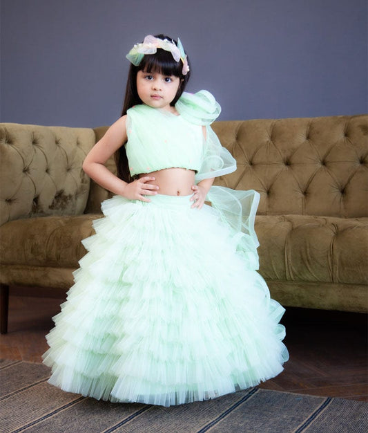 Green Net Lehenga with Ruffle Choli for Girls