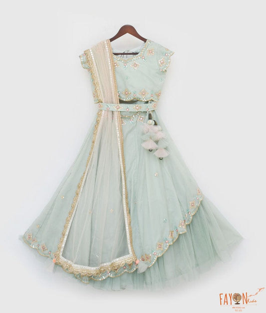 Green Organza Lehenga Choli and Peach Dupatta for Girls