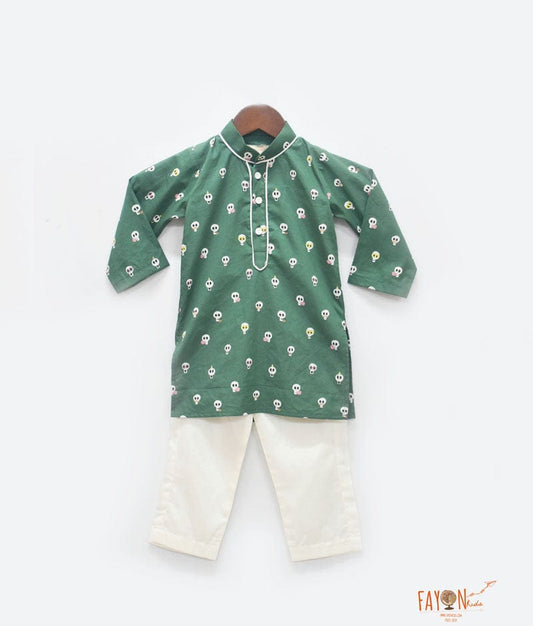Green Printed Kurta with Pant for Boys