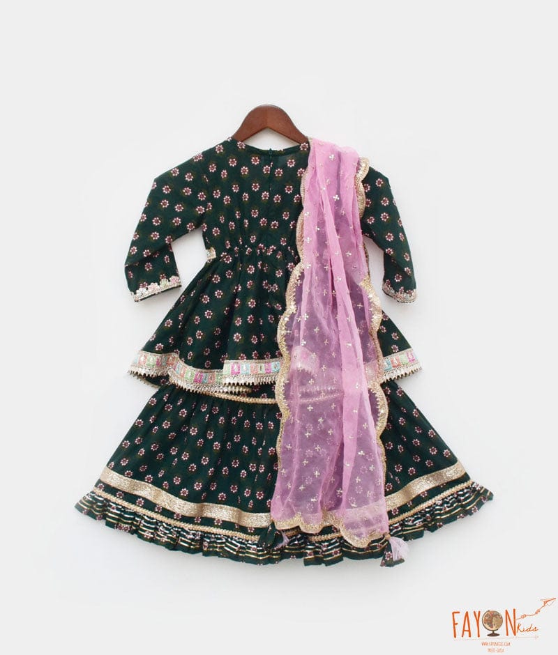 Green Printed Kurti Sharara for Girls