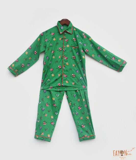 Fayon Kids Green Printed Shirt with Pajama for Boys