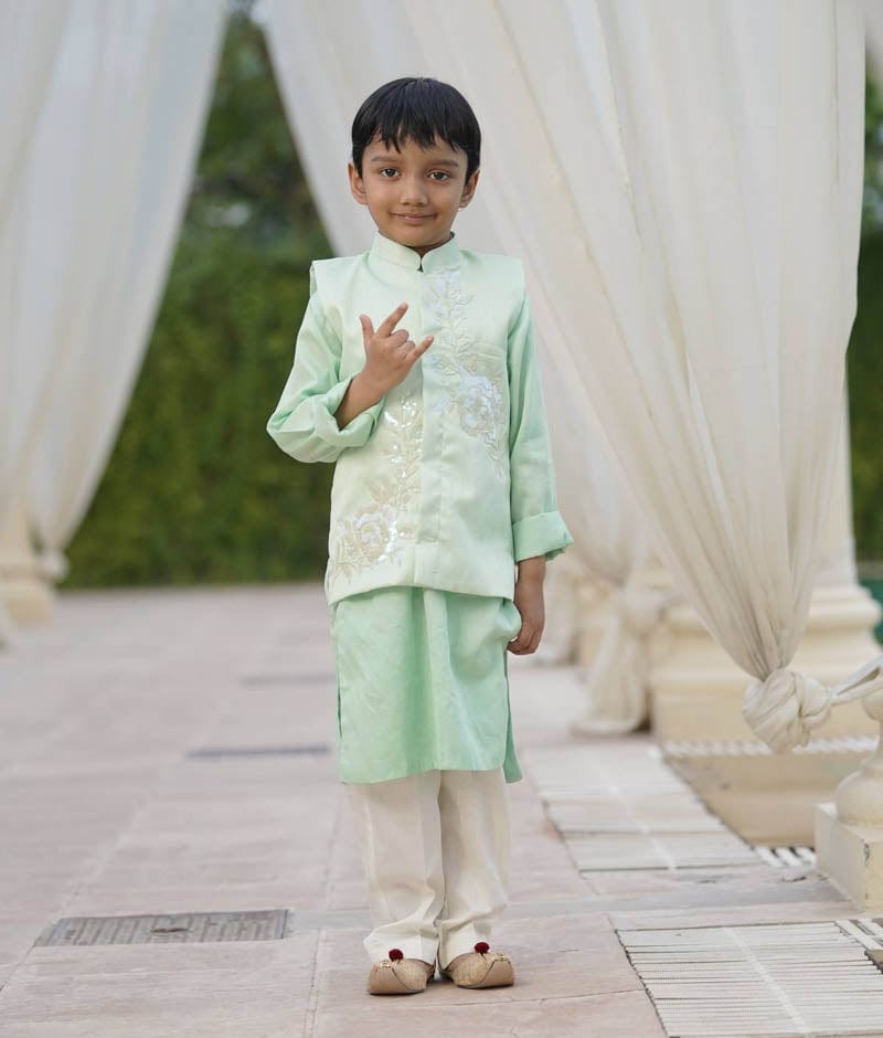 Green Sequins Embroidery Jacket and Kurta Pant for Boys