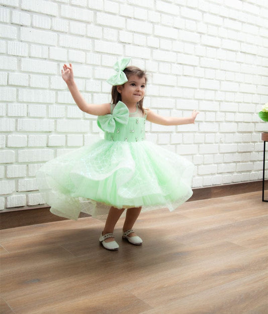 Green Sequins Net Dress for Girls