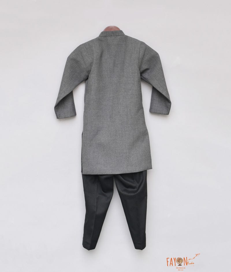 Grey Achkan with Black Pant for Boys