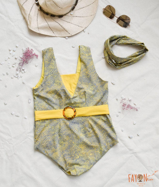 Grey and Yellow Texture Print Swim Wear for Girls