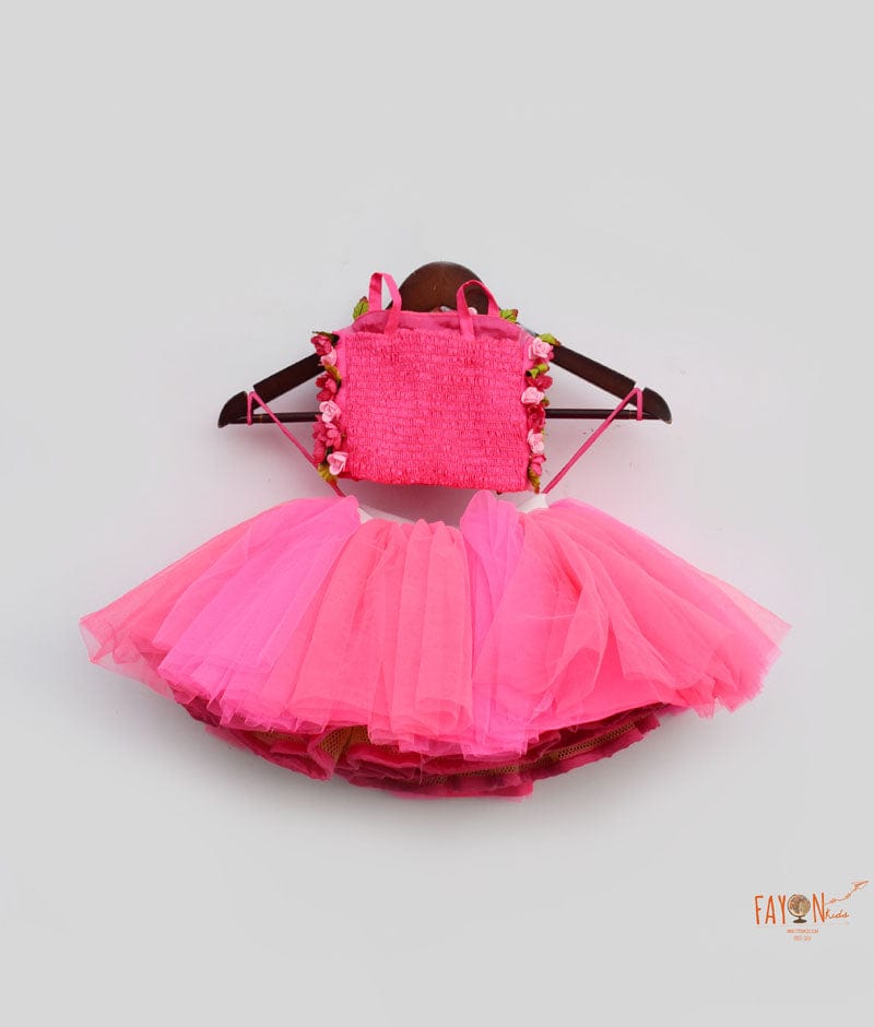 Hot Pink 3D Flowers Top with Tutu Skirt for Girls