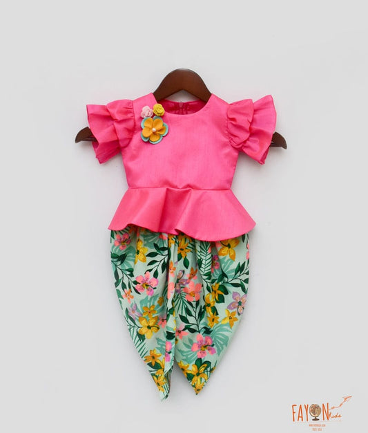 Hot Pink Cotton Green Printed Dhoti Set with Peplum Top for Girls