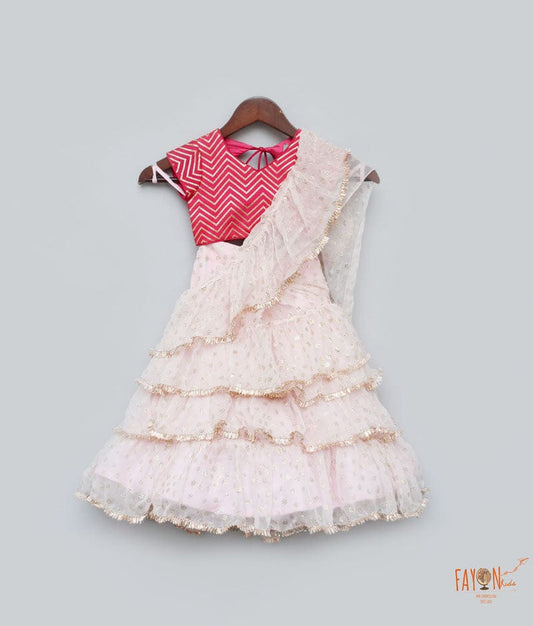 Hot Pink Embroidery Baby Pink Foil Printed Saree for Girls