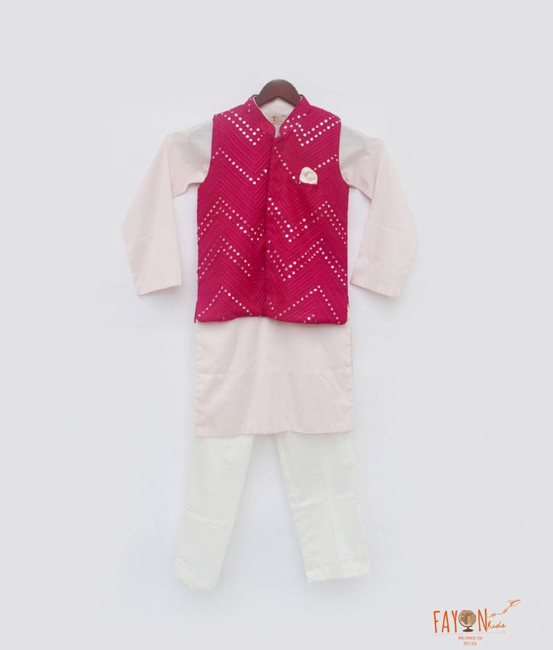 Hot Pink Mirror Work Jacket with Pink Kurta Pant for Boys