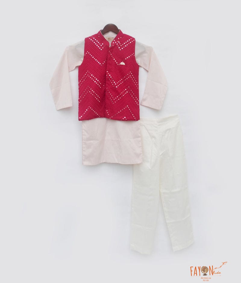 Hot Pink Mirror Work Jacket with Pink Kurta Pant for Boys