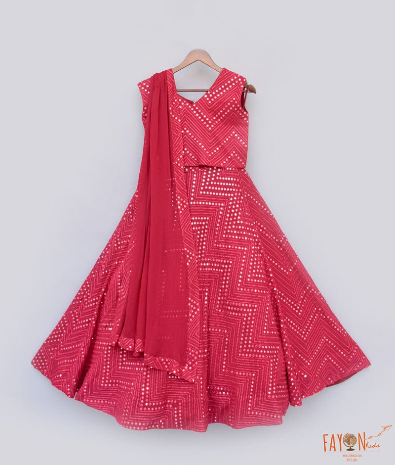 Hot Pink Mirror Work Lehenga with Choli Georgette Dupatta for Girls