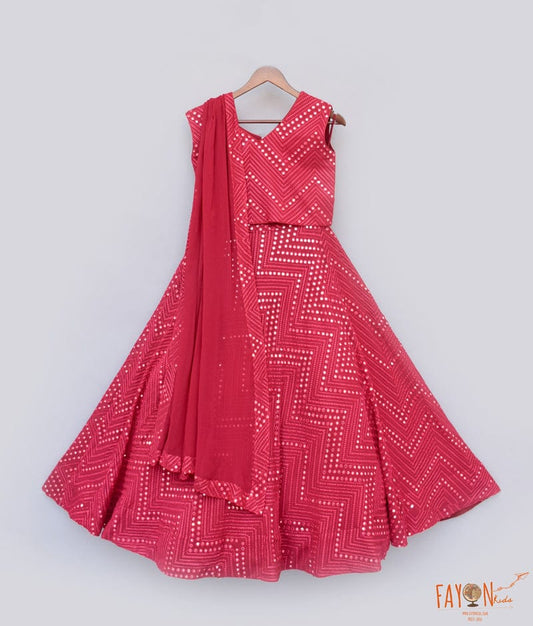 Hot Pink Mirror Work Lehenga with Choli Georgette Dupatta for Girls