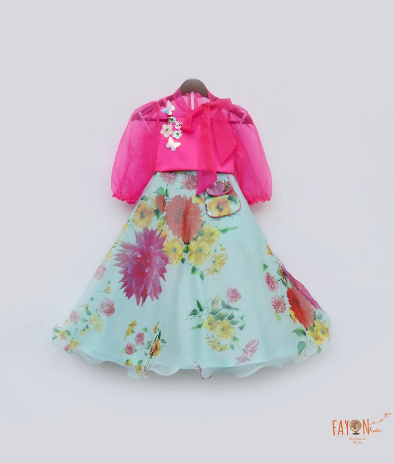Hot Pink Organza Blue Organza Printed Lehenga with Choli for Girls