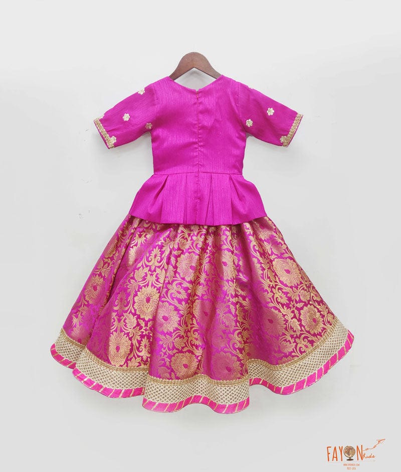 Hot Pink Silk Hot Pink Brocade Lehenga with Peplum for Girls