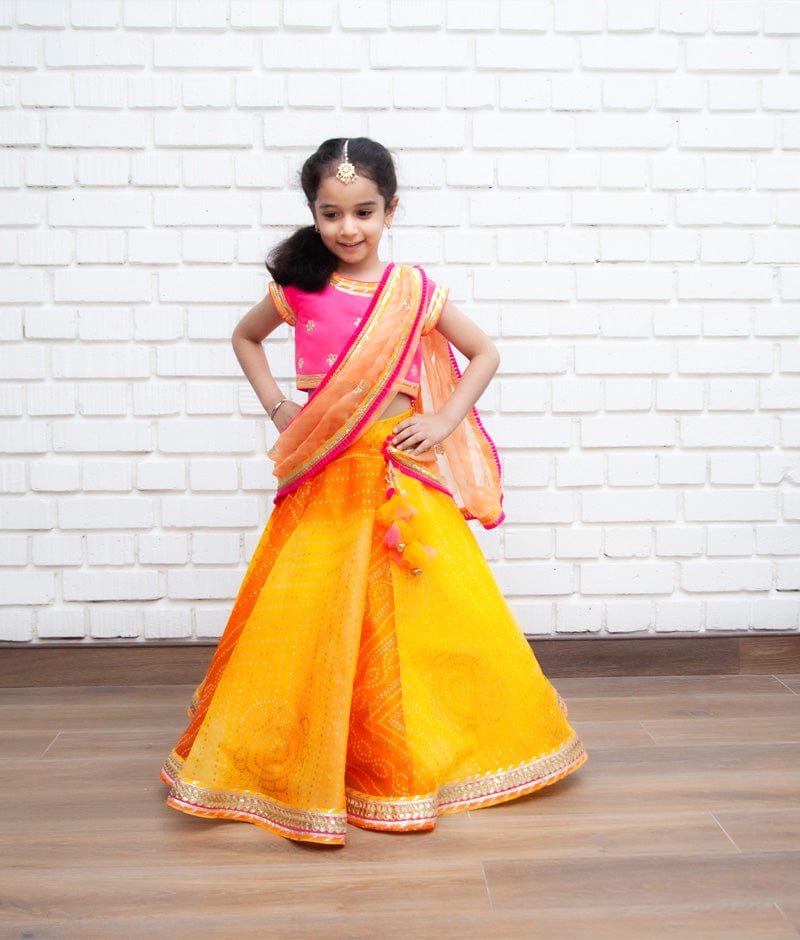 Hot Pink Silk Yellow Organza Lehenga with Choli Organza Dupatta for Girls