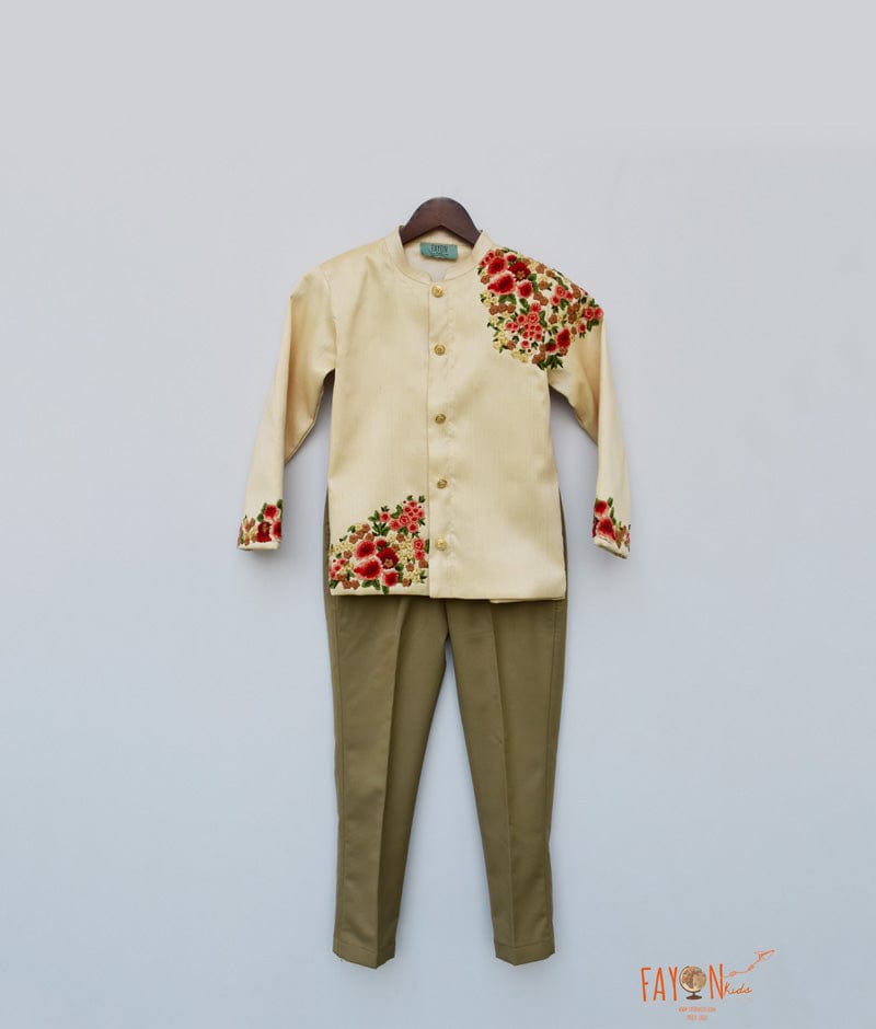 Ivory Embroidery Bandgala with Beige Pant for Boys