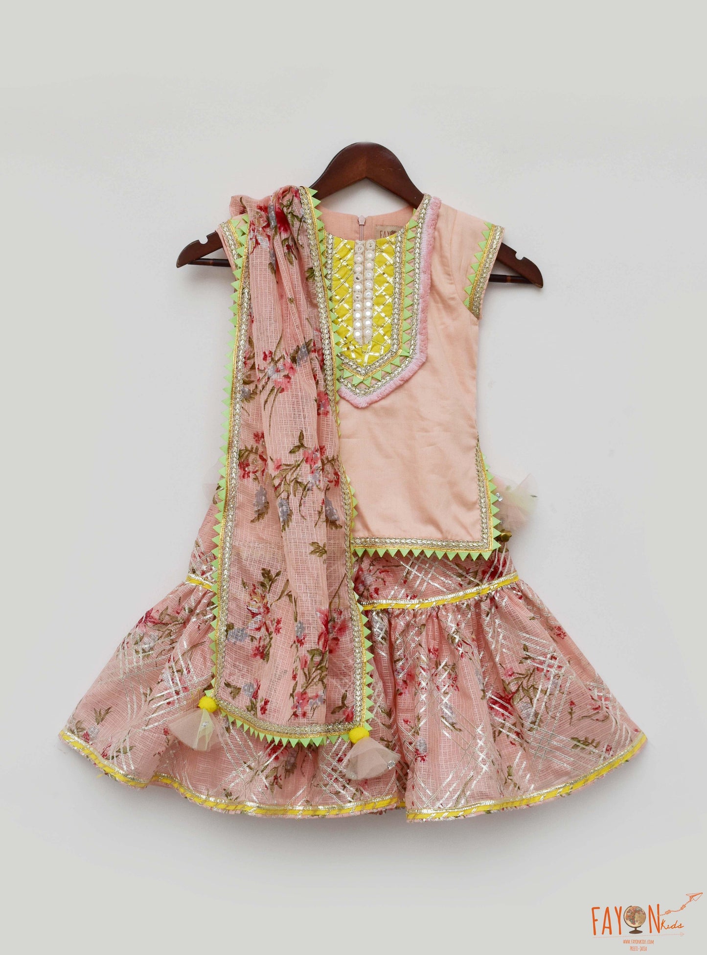 Kotta printed cotton silk peach Kurti Sharara with Dupatta set for girls