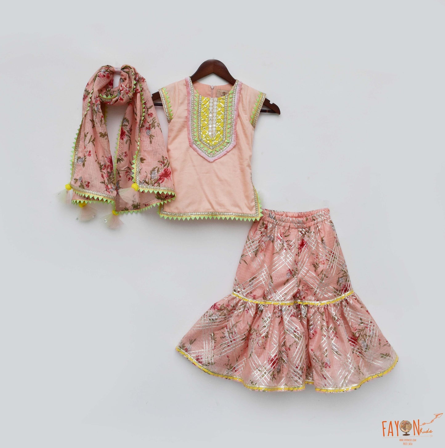 Kotta printed cotton silk peach Kurti Sharara with Dupatta set for girls