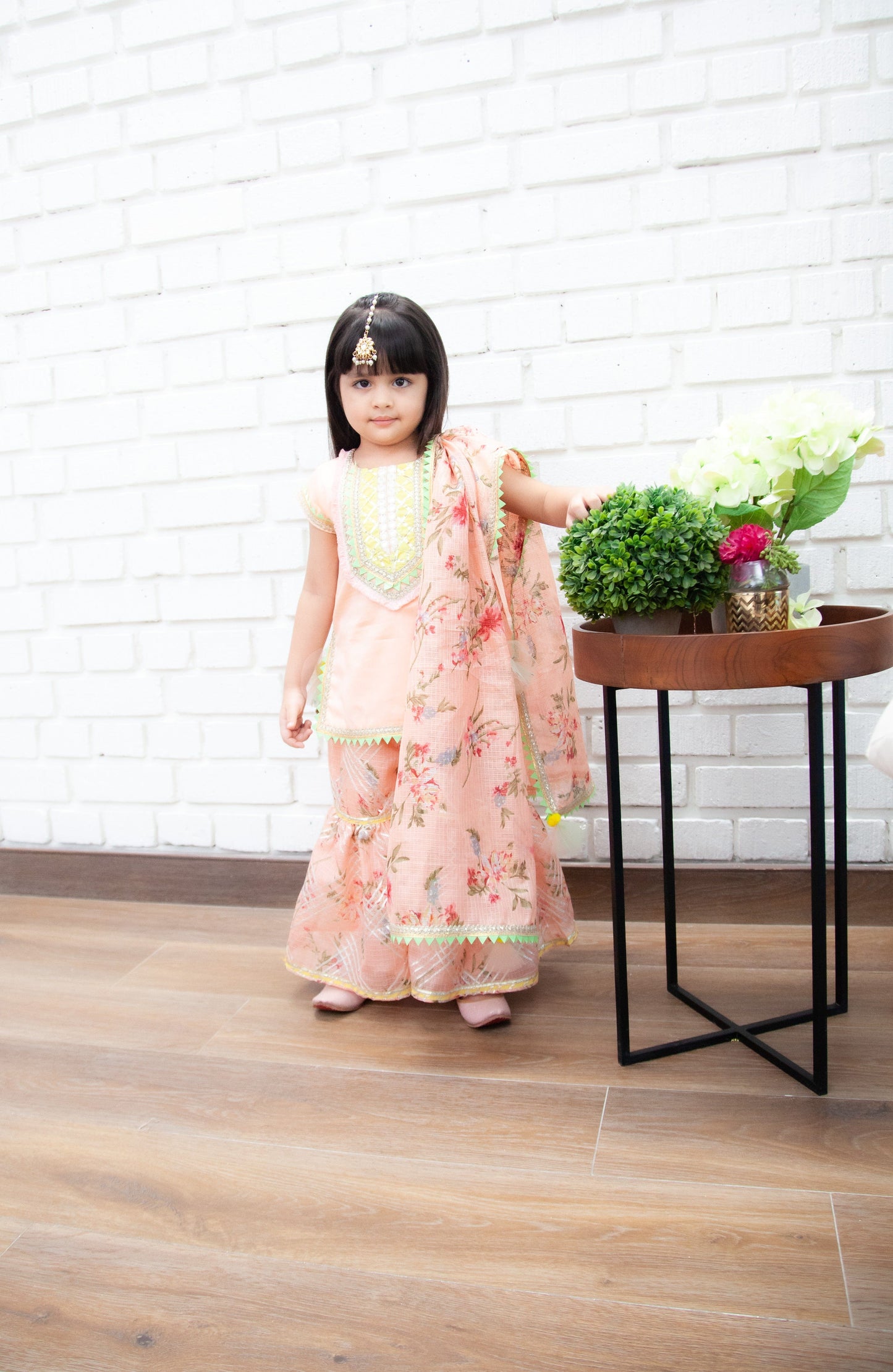 Kotta printed cotton silk peach Kurti Sharara with Dupatta set for girls