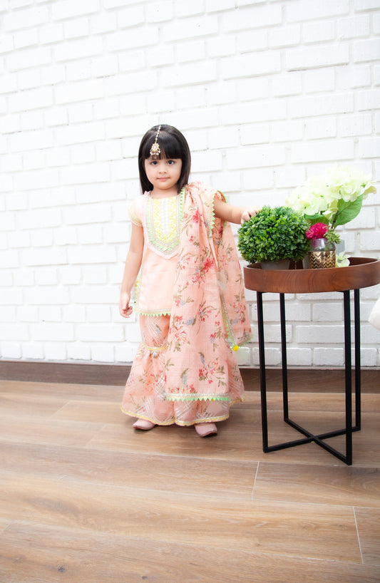 Kotta printed cotton silk peach Kurti Sharara with Dupatta set for girls